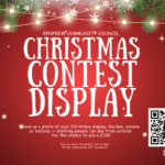 A festive Christmas contest display poster with ornaments, pine branches, and a QR code. Text invites people to enter a photo contest for a chance to win £100. Entry deadline: December 11th. Winner announced: December 20th.