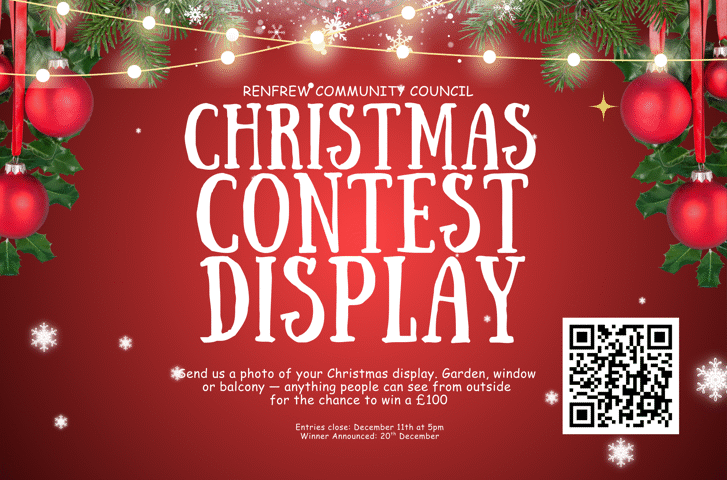 A festive Christmas contest display poster with ornaments, pine branches, and a QR code. Text invites people to enter a photo contest for a chance to win £100. Entry deadline: December 11th. Winner announced: December 20th.