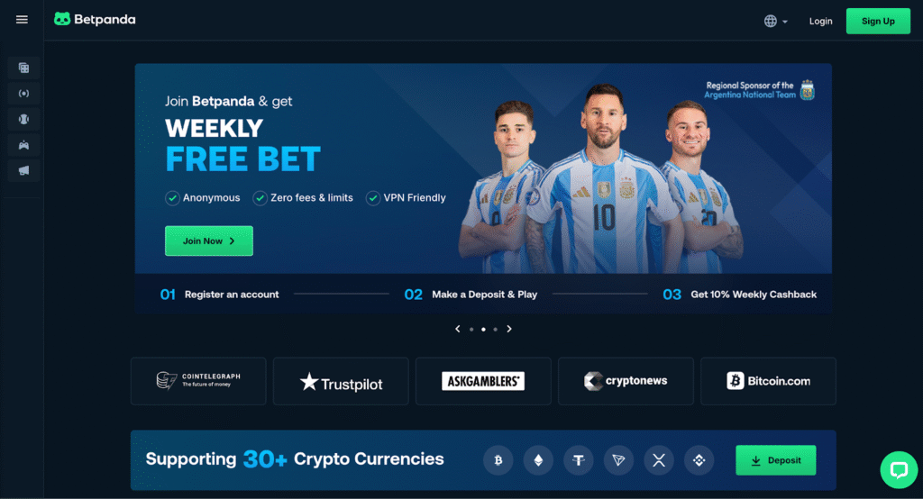 A promotional banner on the Betpanda website shows three soccer players in Argentina jerseys, advertising a "Weekly Free Bet" offer. The site supports over 30 cryptocurrencies and displays trusted partners below.
