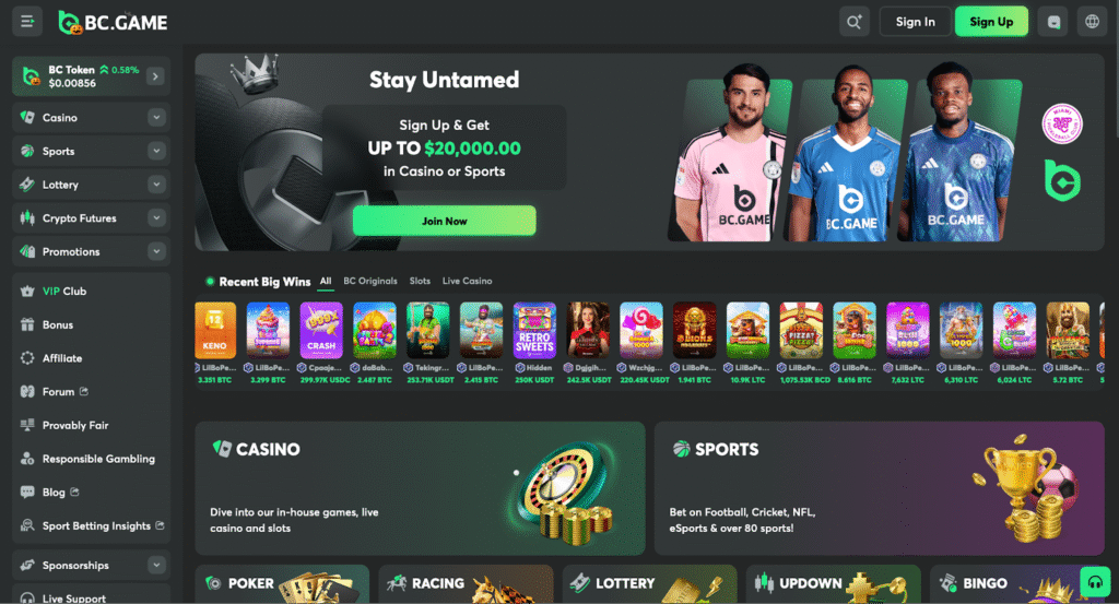 Screenshot of the BC.Game website homepage showing casino and sports betting options, recent big wins, promotional banners, and navigation menus, with three people in sports jerseys featured in the main banner.