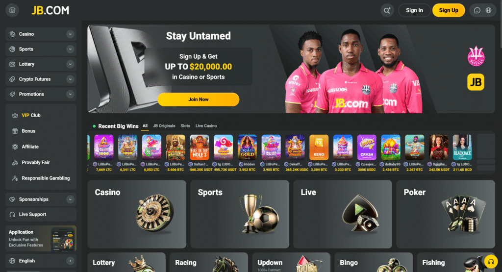 A dark-themed online gaming website homepage displays casino, sports, lottery, and poker options. A banner advertises a $20,000 sign-up bonus, featuring three athletes in pink jerseys. Game icons are shown below the banner.