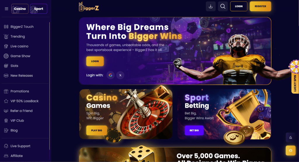 Screenshot of an online casino homepage featuring banners for casino games and sports betting, with images of a football player, roulette wheel, dice, and gold coins. Navigation menu is on the left; login and register buttons are top right.
