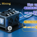 An ad for DL Mining features a computer mining rig with the Bitcoin logo, promoting "$20 for signing up" and "$1 for daily check-in" against a blue tech-themed background.