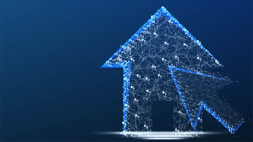 A digital illustration of a house and computer mouse cursor, both formed by interconnected glowing blue dots and lines, symbolizing technology and online real estate, on a dark blue background.