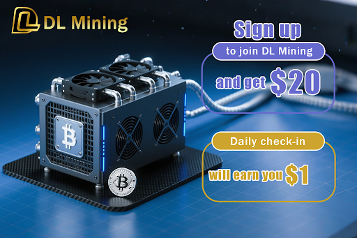 An ad for DL Mining features a computer mining rig with the Bitcoin logo, promoting "$20 for signing up" and "$1 for daily check-in" against a blue tech-themed background.