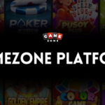 A dark banner with the words "GAMEZONE PLATFORM" in bold white letters, the Game Zone logo above, and blurred images of various card and casino games in the background.