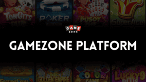 A dark banner with the words "GAMEZONE PLATFORM" in bold white letters, the Game Zone logo above, and blurred images of various card and casino games in the background.