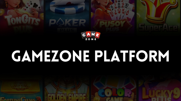A dark banner with the words "GAMEZONE PLATFORM" in bold white letters, the Game Zone logo above, and blurred images of various card and casino games in the background.