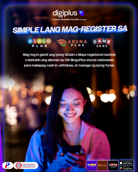 A young woman stands outdoors at night, smiling while using her smartphone. The image promotes DigiPlus registration for BingoPlus, ArenaPlus, and GameZone, with instructions and brand logos shown. App Store and Google Play logos are at the bottom.
