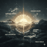 A glowing compass over a scenic landscape labeled “Renfrewshire Health: Scotland’s Journey” with points for substance use data, recovery paths, ketamine Erskine, hope & healing 2026. Website: paisley.org.uk.