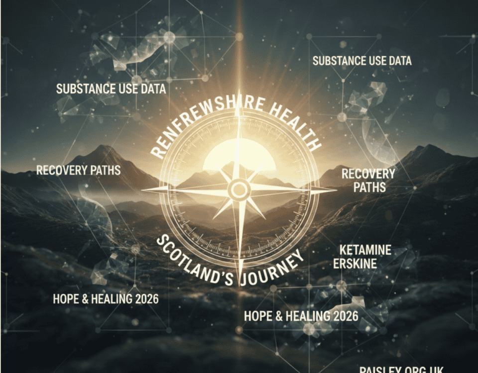 A glowing compass over a scenic landscape labeled “Renfrewshire Health: Scotland’s Journey” with points for substance use data, recovery paths, ketamine Erskine, hope & healing 2026. Website: paisley.org.uk.