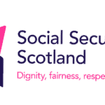 Social Security Scotland logo with abstract pink and dark purple shapes on the left, and the text "Social Security Scotland" and "Dignity, fairness, respect." on the right.