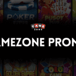 A black banner with "GAMEZONE PROMO" in bold white text, above a Game Zone logo. Faded images of casino game icons like poker, pusoy, and slot games appear in the background.