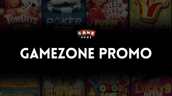 A black banner with "GAMEZONE PROMO" in bold white text, above a Game Zone logo. Faded images of casino game icons like poker, pusoy, and slot games appear in the background.