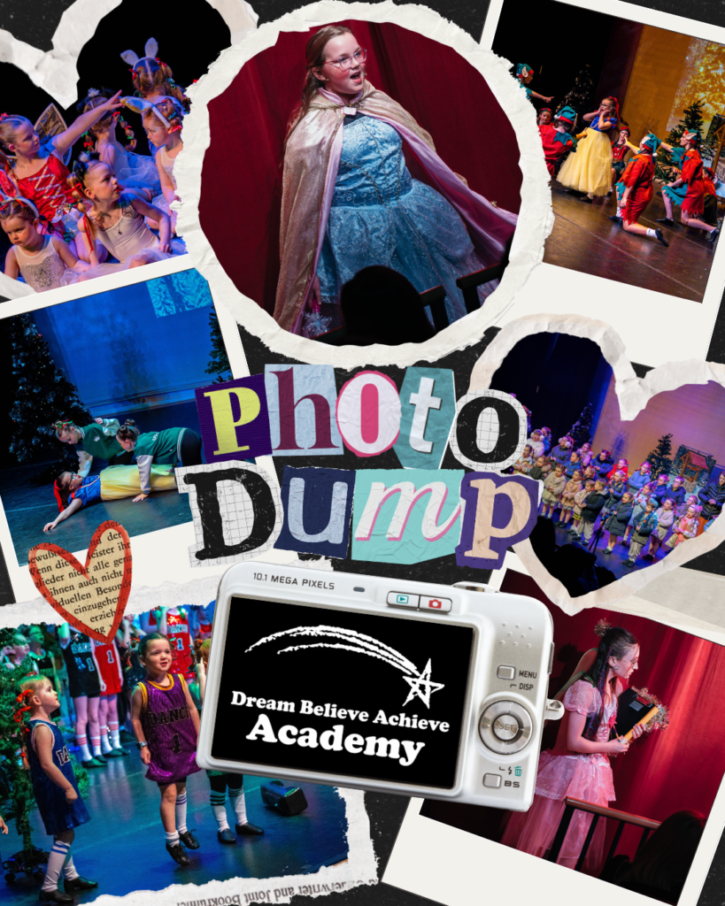 A colorful collage of children’s theater performances, with actors in costumes on stage. The text “Photo Dump” and “Dream Believe Achieve Academy” appears, along with a camera illustration in the foreground.