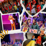 A collage of children performing on stage in colorful costumes, including holiday outfits, a lion suit, and fairy tale characters, with the word "friends" and heart shapes decorating the image.