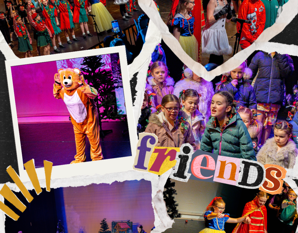 A collage of children performing on stage in colorful costumes, including holiday outfits, a lion suit, and fairy tale characters, with the word "friends" and heart shapes decorating the image.