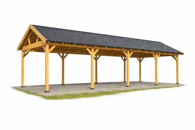 A wooden open-sided carport structure with a dark, pitched roof, supported by multiple vertical wooden posts, standing on a concrete and grass base against a white background.