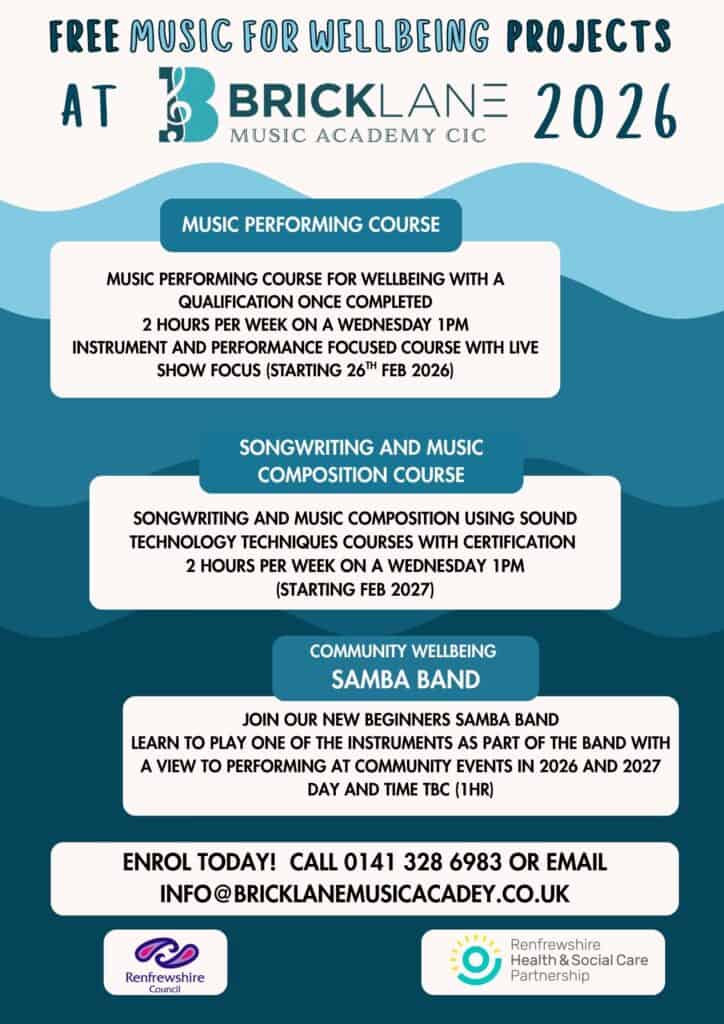 Poster with blue and teal text promoting free music courses for wellbeing at Brick Lane Music Academy in 2026, including performing, songwriting, and samba band, with contact info and partner logos at the bottom.