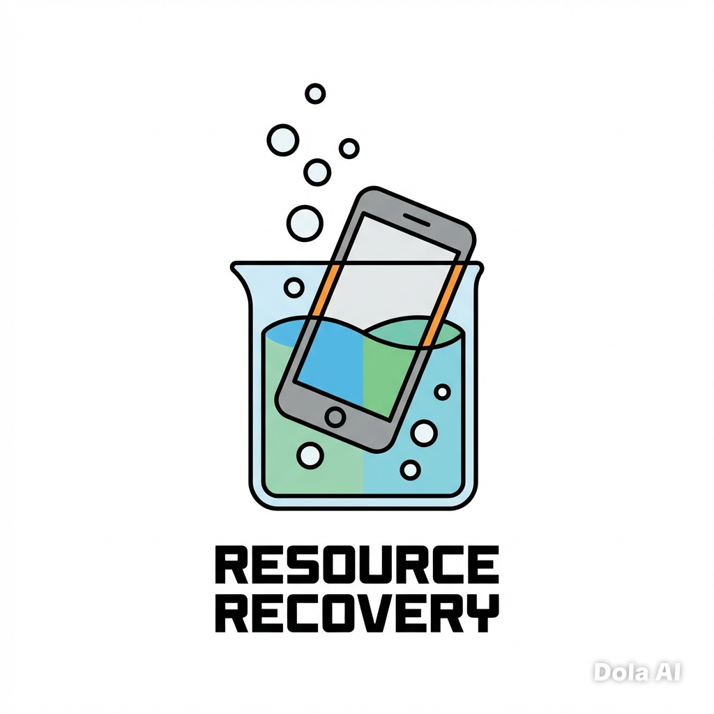 An illustration of a smartphone submerged in a beaker filled with liquid, with bubbles rising. Below the beaker, the text reads "RESOURCE RECOVERY.