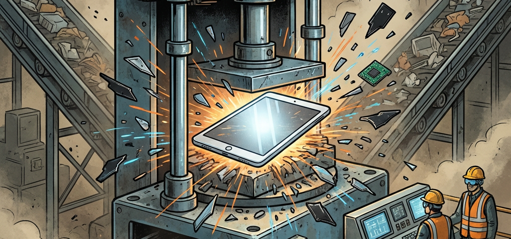 A large industrial press crushes an electronic tablet, sending shards and sparks flying, while workers in safety gear observe in a factory filled with conveyor belts of discarded electronics.