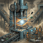 A large industrial press crushes an electronic tablet, sending shards and sparks flying, while workers in safety gear observe in a factory filled with conveyor belts of discarded electronics.