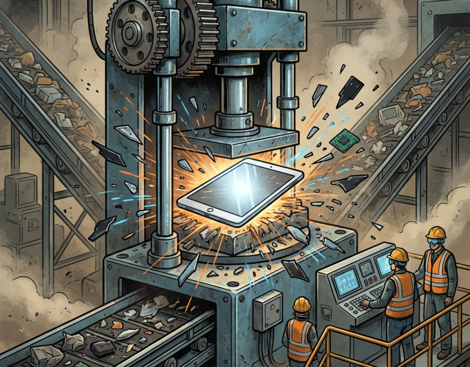 A large industrial press crushes an electronic tablet, sending shards and sparks flying, while workers in safety gear observe in a factory filled with conveyor belts of discarded electronics.