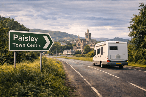 A motorhome drives toward Paisley town centre on a country road, with a green road sign on the left and a historic church and scenic hills in the background under a cloudy sky.