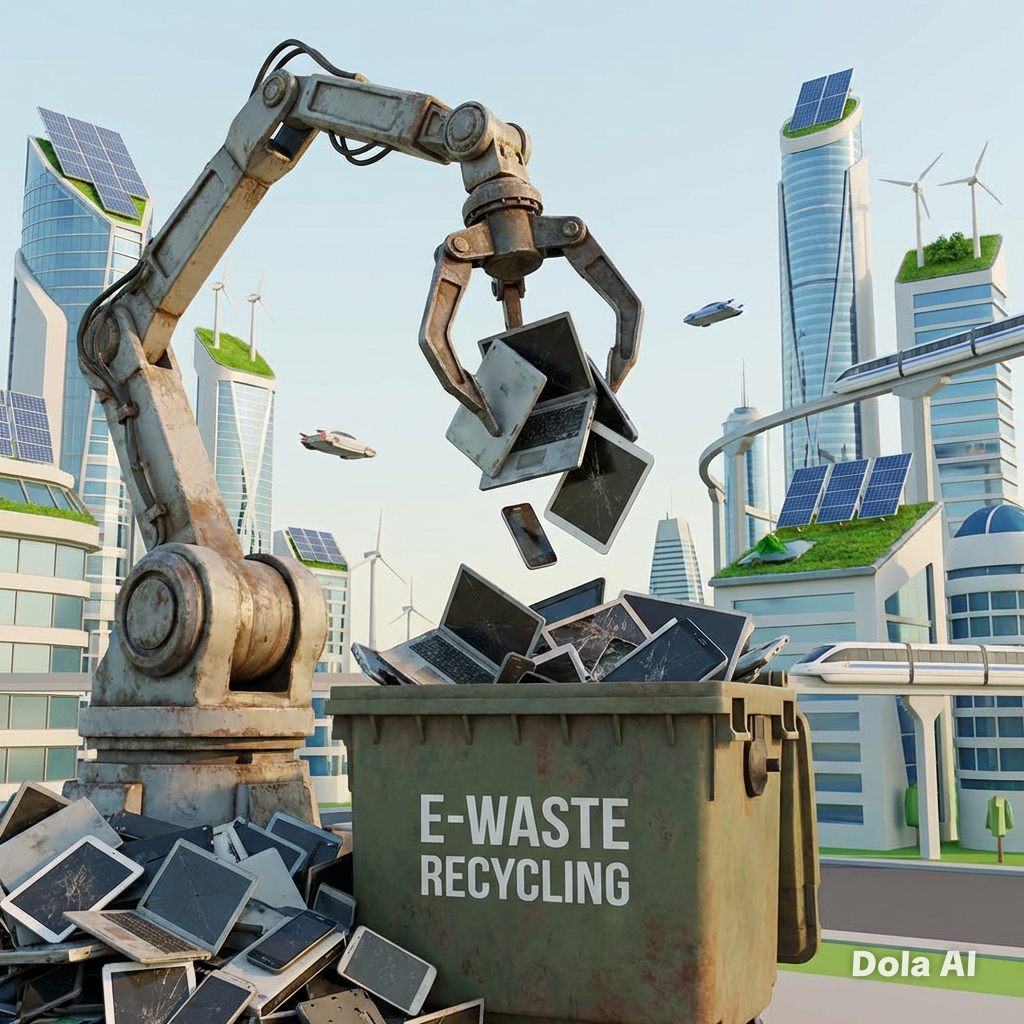 A robotic arm drops old electronic devices into a large bin labeled "E-WASTE RECYCLING," with piles of e-waste beside it. Futuristic buildings with solar panels and flying vehicles are in the background.