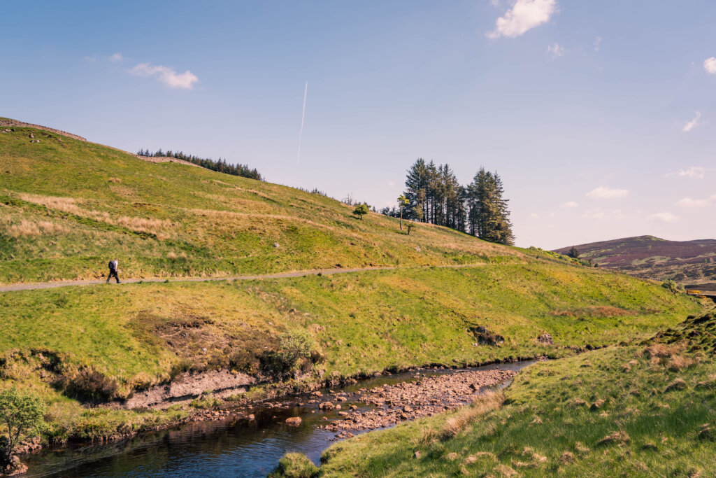 A person walks along a grassy hillside trail next to a small stream under a blue sky with a few clouds and a contrail, with a cluster of trees in the background.