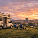 A campervan is parked on a grassy hill overlooking a town at sunset. Two people sit in camping chairs by a table, enjoying the scenic view with a large church or cathedral visible in the distance.
