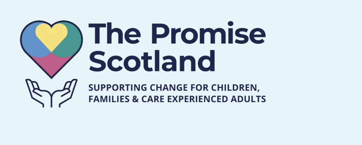 Logo for The Promise Scotland, featuring a heart inside a location pin and two hands holding it, with the text "Supporting change for children, families & care experienced adults" underneath.