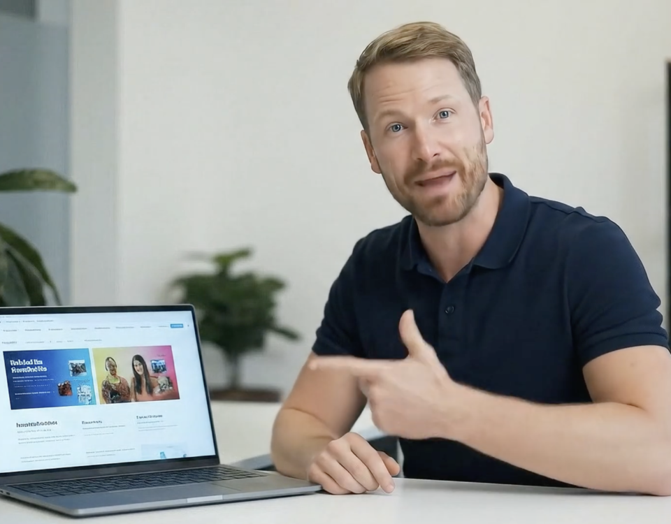 A man with light hair and a beard, wearing a navy polo shirt, sits at a desk and points to a laptop screen displaying a website. There are plants and framed pictures in the background.