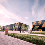 A modern business park with geometric black and gold buildings, people walking and cycling, green landscaping, trees, and a blue sky with wispy clouds. A red sign labeled "MAPIS" stands in the foreground.