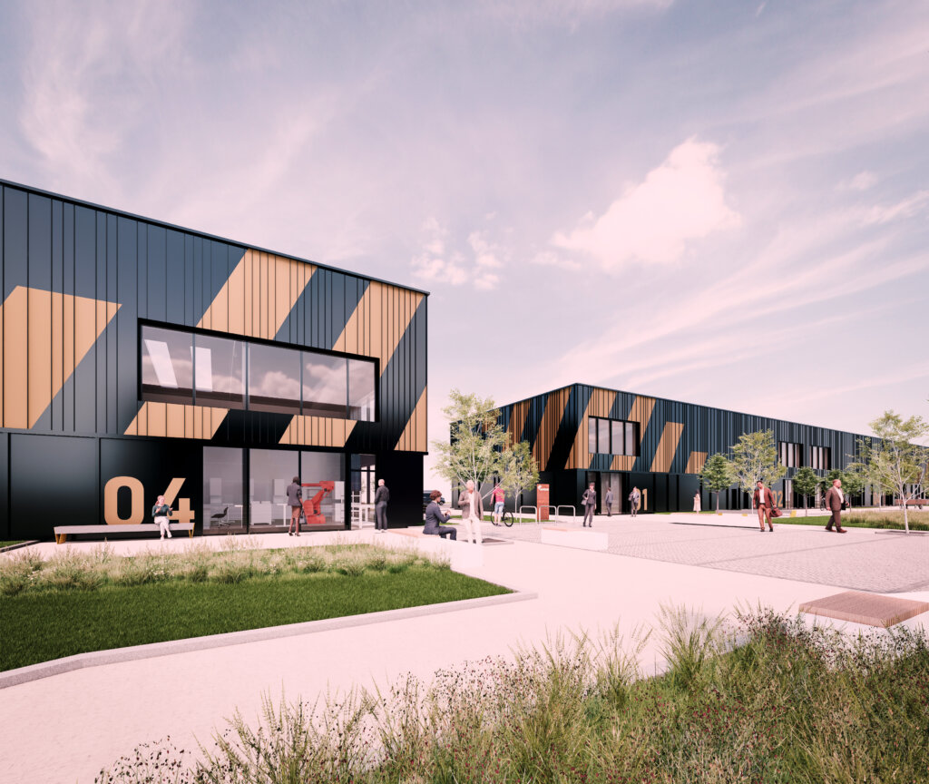Modern office buildings with black and tan geometric patterns, large windows, and people walking or sitting outside on a sunny day; landscaped surroundings and a clear sky.