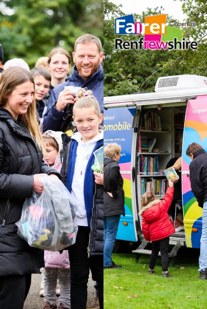 A group of smiling adults and children wait in line outside a colorful mobile library van, where a child selects a book. A "Fairer Renfrewshire" sign is visible above the scene.