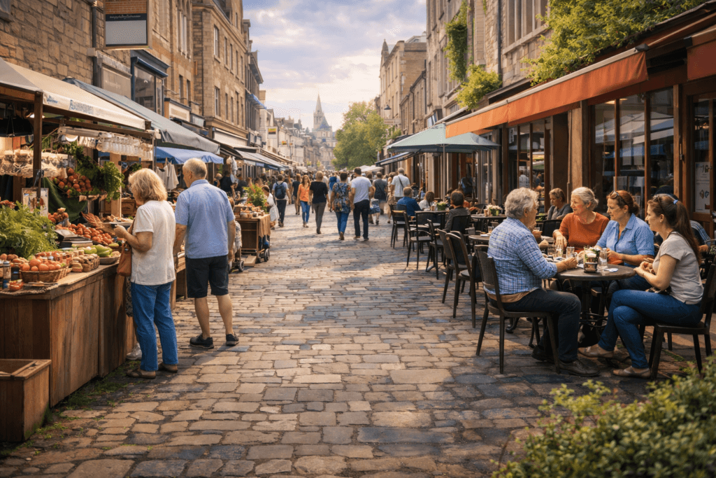 A lively cobblestone street market with outdoor cafes, people shopping for fresh produce, and others dining at tables. Historic buildings and greenery line the scene under a partly cloudy sky.