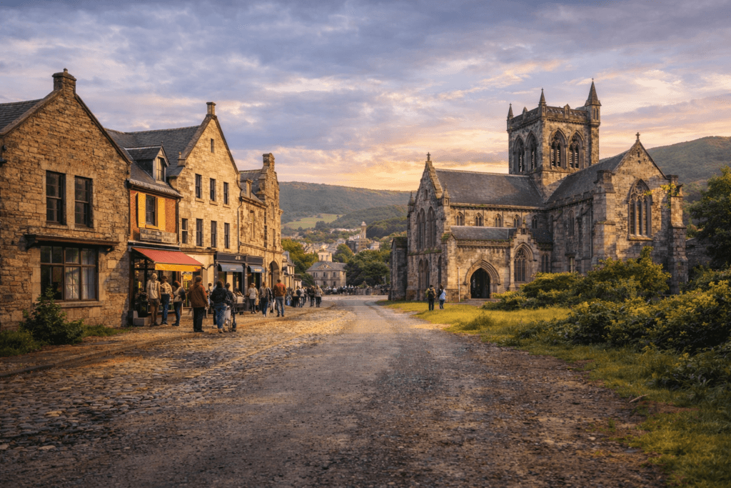 A cobblestone street lined with stone buildings and a large gothic church at sunset, with people walking and gathering near shops; green hills rise in the background under a colorful sky.