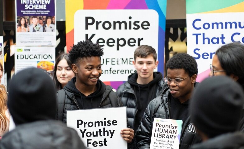 A group of young people stand indoors at an event, smiling and holding signs that read "Promise Youthy Fest" and "Promise Human Library." Colorful banners and posters hang behind them.
