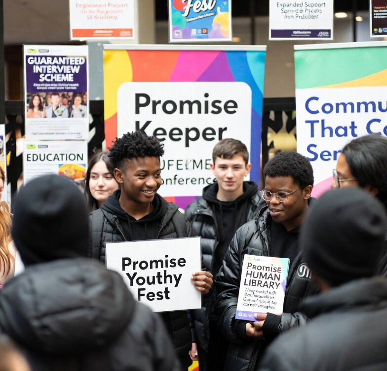 A group of young people stand indoors at an event, smiling and holding signs that read "Promise Youthy Fest" and "Promise Human Library." Colorful banners and posters hang behind them.