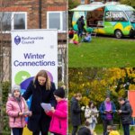 A collage shows a "Winter Connections" banner, a woman and two children reading papers, a green Skoob van with people nearby, and groups of adults and children gathered in a park with autumn leaves.
