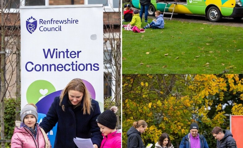 A collage shows a "Winter Connections" banner, a woman and two children reading papers, a green Skoob van with people nearby, and groups of adults and children gathered in a park with autumn leaves.